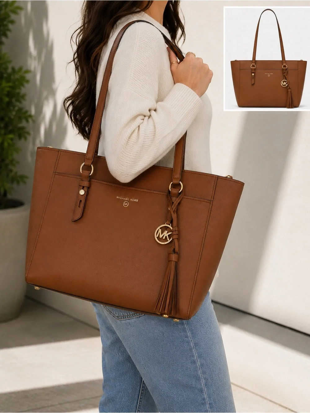Michael Kors Large Brown Leather Tote Shoulder Bag Gold MK Charm Tassel